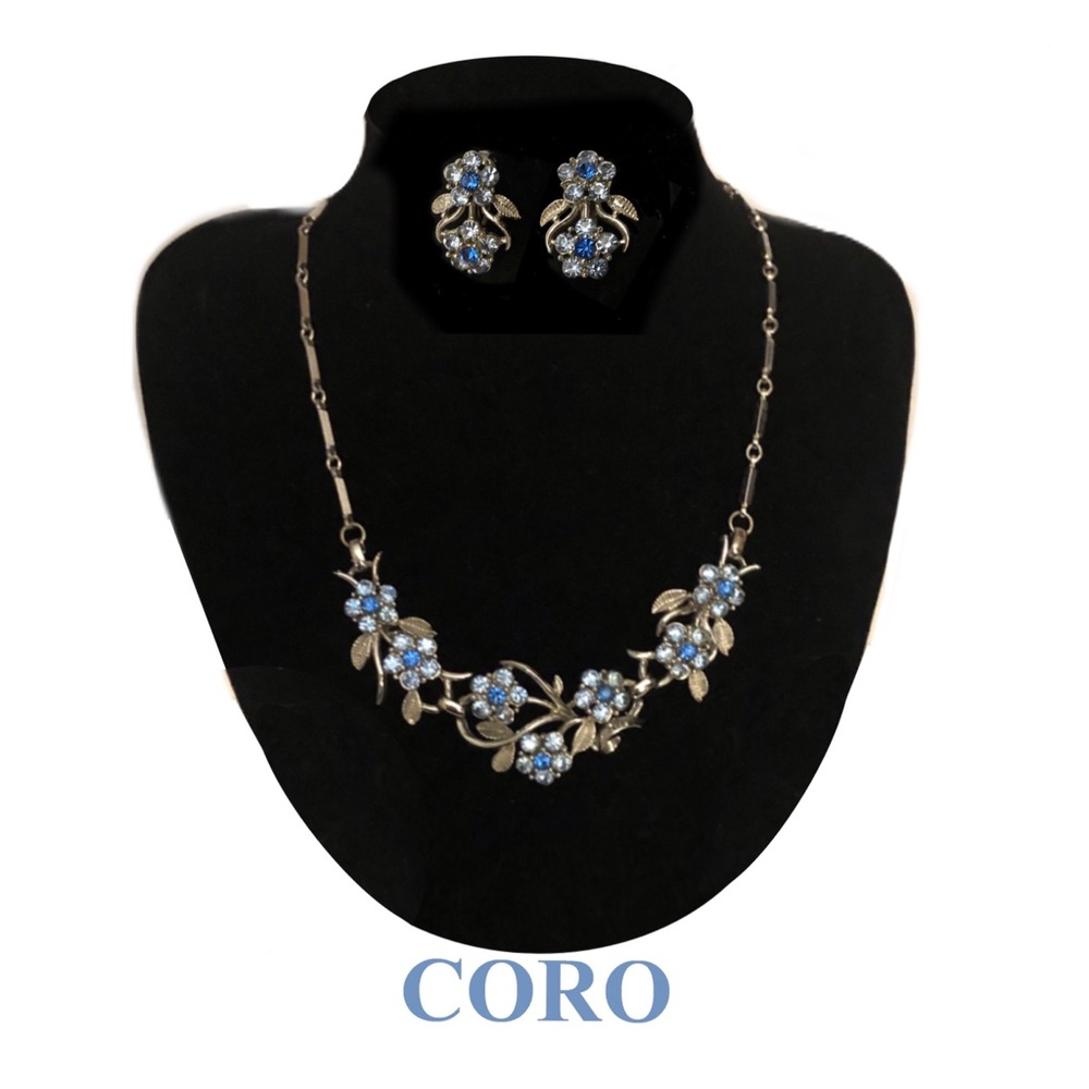 Vintage 1950 Costume Coro Blue Rhinestone Necklace/Clip-on Earrings Parure. EUC - Picture 2 of 11